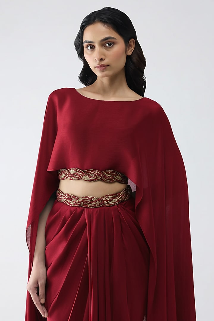 Deep Red Satin Chiffon Draped Skirt Set by Amit Aggarwal at Pernia's Pop Up Shop