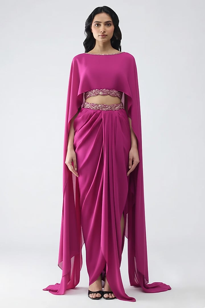 Fuchsia Satin Chiffon Draped Skirt Set by Amit Aggarwal at Pernia's Pop Up Shop