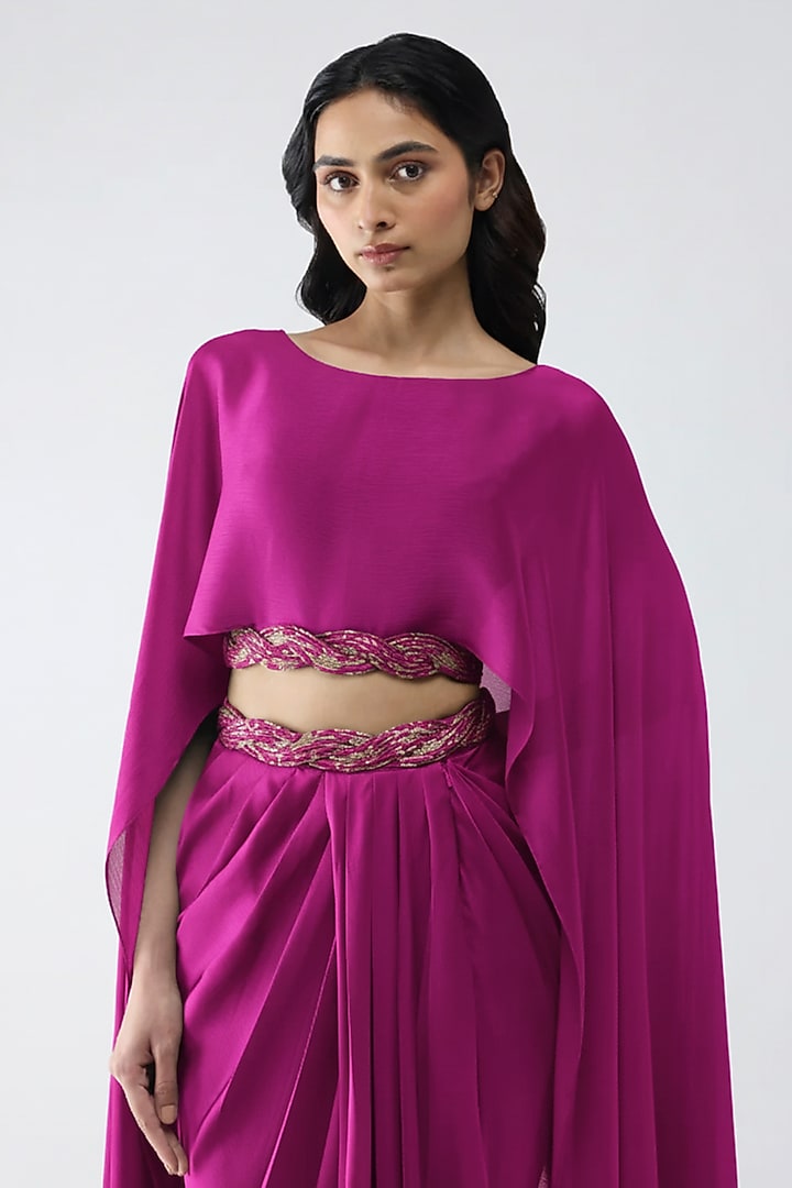 Fuchsia Satin Chiffon Draped Skirt Set by Amit Aggarwal at Pernia's Pop Up Shop