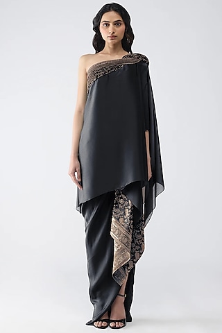 Black Satin Chiffon & Banarasi Top by Amit Aggarwal