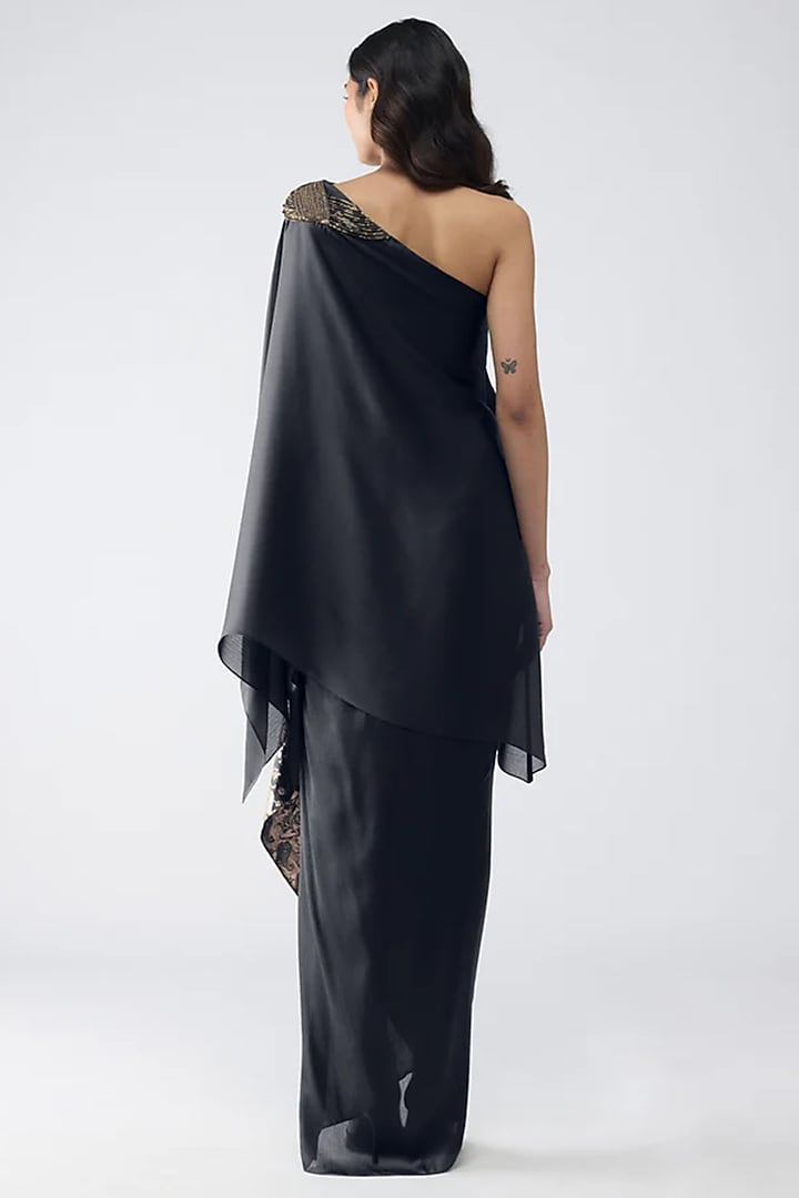 Black Satin Chiffon & Banarasi Top by Amit Aggarwal at Pernia's Pop Up Shop