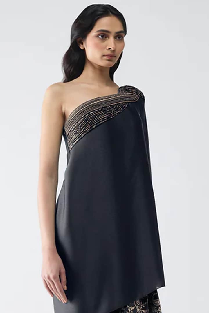 Black Satin Chiffon & Banarasi Top by Amit Aggarwal at Pernia's Pop Up Shop