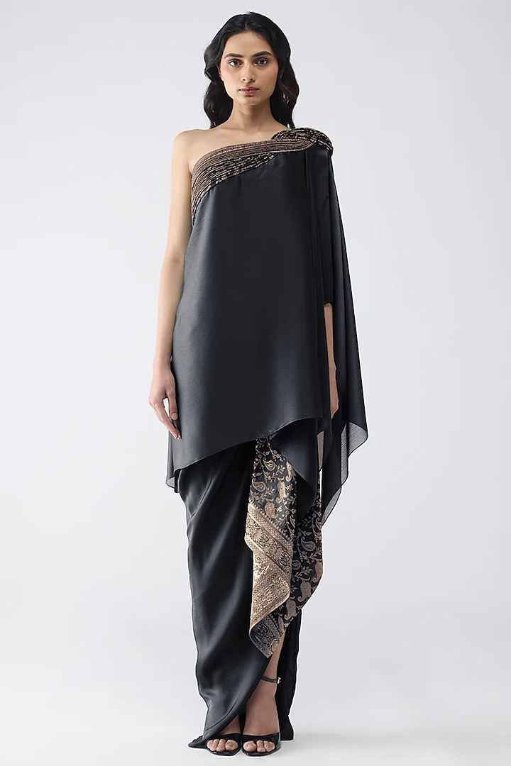 Black Satin Chiffon & Banarasi Dhoti Pants by Amit Aggarwal at Pernia's Pop Up Shop