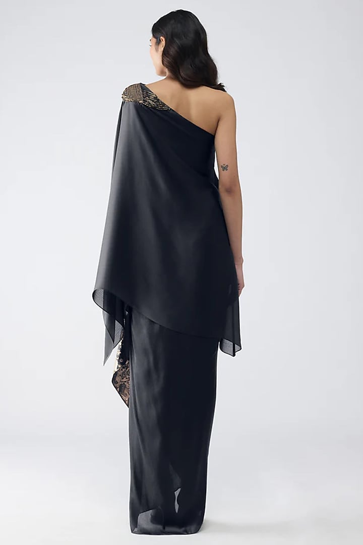 Black Satin Chiffon & Banarasi Dhoti Pants by Amit Aggarwal at Pernia's Pop Up Shop