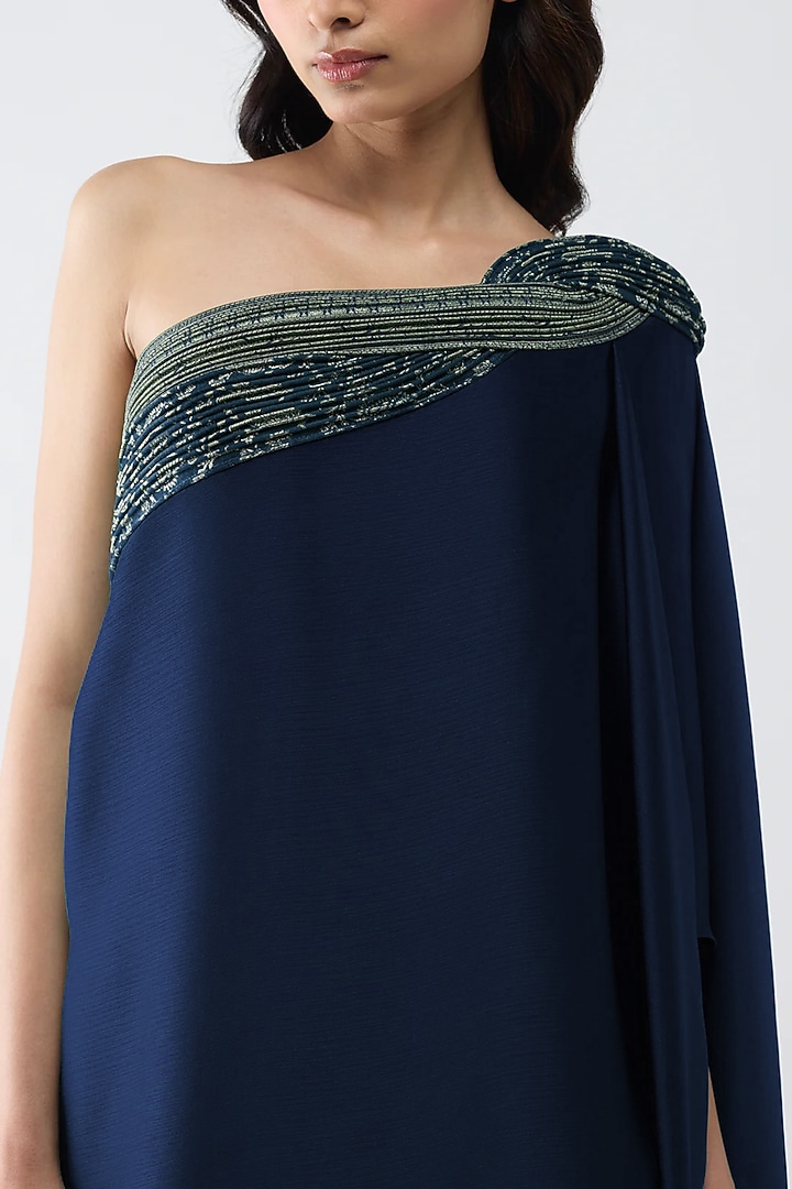 Ink Blue Satin Chiffon & Banarasi Top by Amit Aggarwal at Pernia's Pop Up Shop