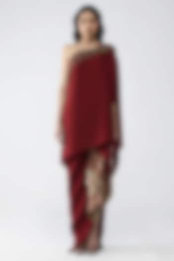 Deep Red Satin Chiffon & Banarasi Top by Amit Aggarwal at Pernia's Pop Up Shop