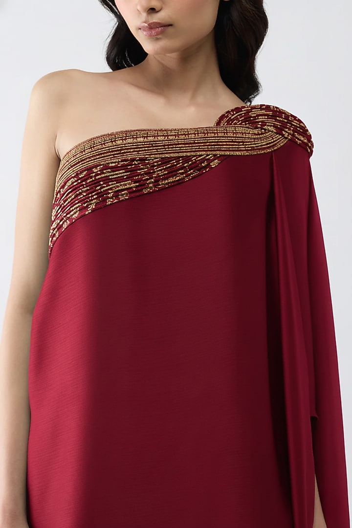Deep Red Satin Chiffon & Banarasi Top by Amit Aggarwal at Pernia's Pop Up Shop