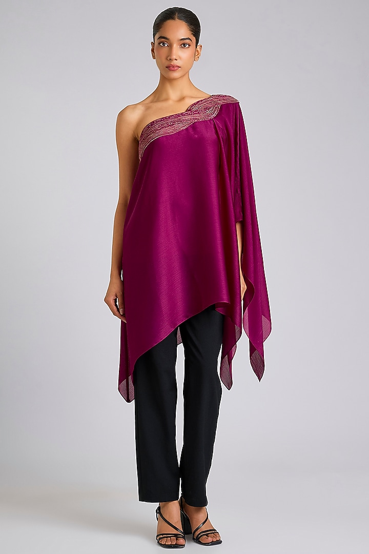 Fuchsia Satin Chiffon Top by Amit Aggarwal at Pernia's Pop Up Shop
