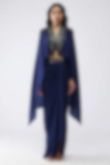 Ink Blue Satin Chiffon Draped Skirt Set by Amit Aggarwal at Pernia's Pop Up Shop