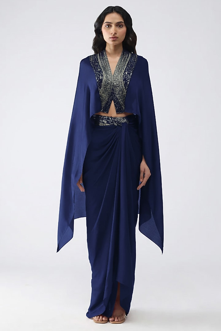 Ink Blue Satin Chiffon Draped Skirt Set by Amit Aggarwal at Pernia's Pop Up Shop