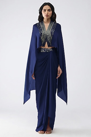 Ink Blue Satin Chiffon Draped Skirt Set by Amit Aggarwal