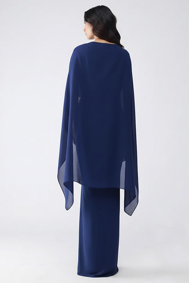 Ink Blue Satin Chiffon Draped Skirt Set by Amit Aggarwal at Pernia's Pop Up Shop