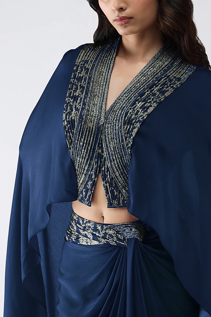 Ink Blue Satin Chiffon Draped Skirt Set by Amit Aggarwal at Pernia's Pop Up Shop