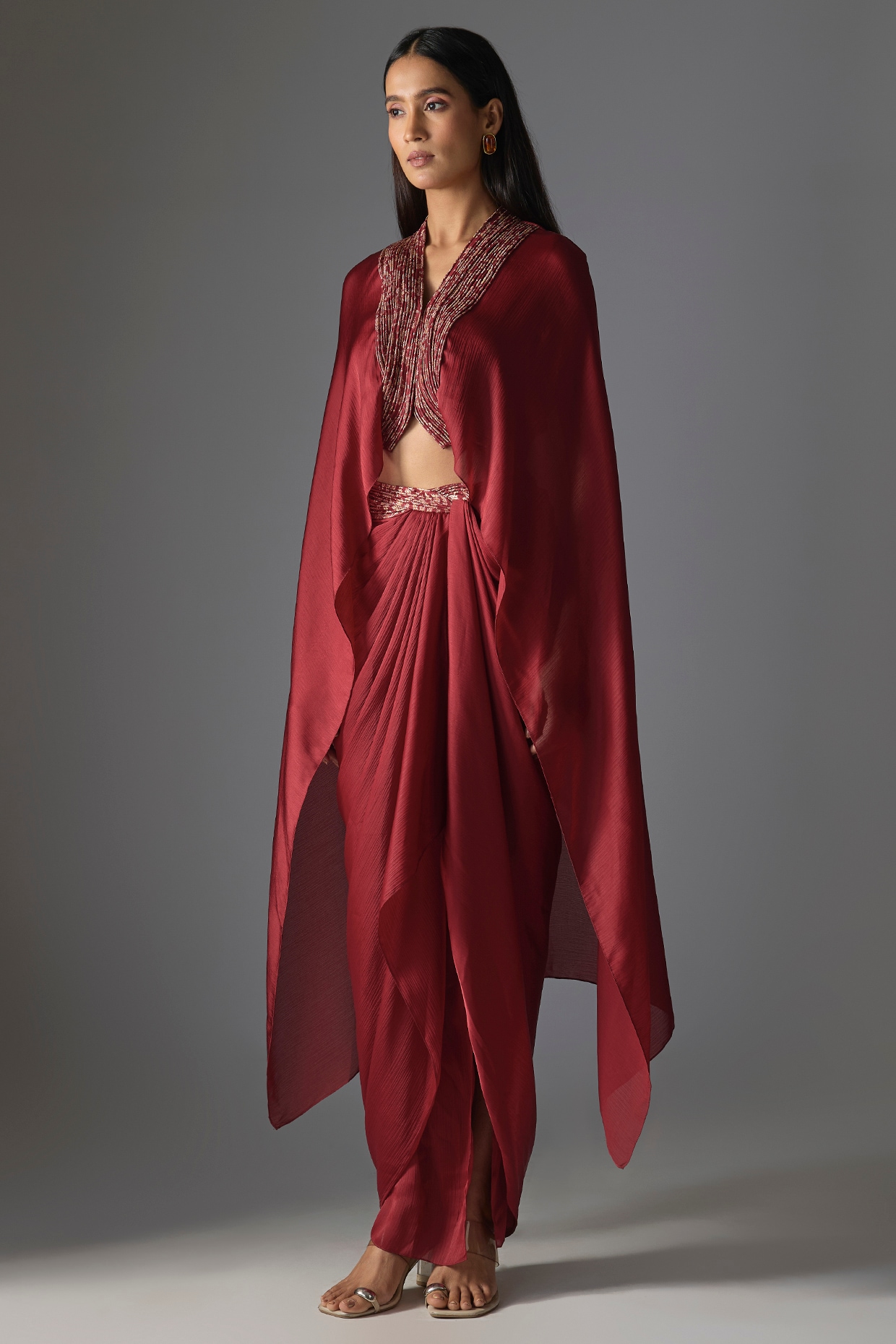 Amit Aggarwal Deep Red Satin Chiffon Cape Set