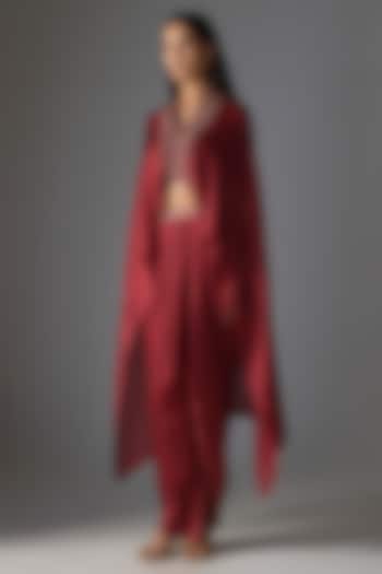 Deep Red Satin Chiffon Cape Set by Amit Aggarwal at Pernia's Pop Up Shop