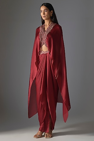 Deep Red Satin Chiffon Cape Set by Amit Aggarwal