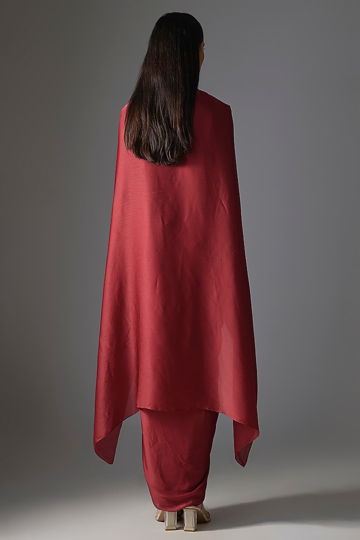 Deep Red Satin Chiffon Cape Set by Amit Aggarwal at Pernia's Pop Up Shop