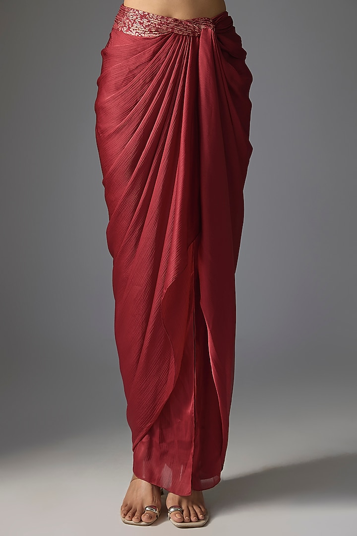 Deep Red Satin Chiffon Cape Set by Amit Aggarwal at Pernia's Pop Up Shop