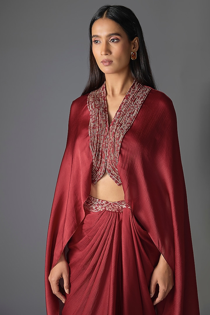 Deep Red Satin Chiffon Cape Set by Amit Aggarwal at Pernia's Pop Up Shop