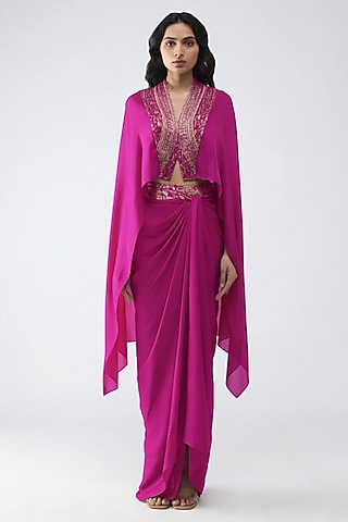Fuchsia Satin Chiffon Draped Skirt Set by Amit Aggarwal