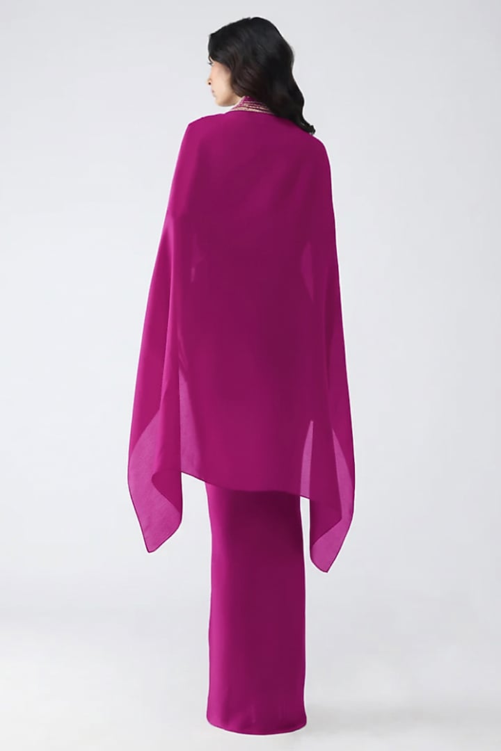 Fuchsia Satin Chiffon Draped Skirt Set by Amit Aggarwal at Pernia's Pop Up Shop