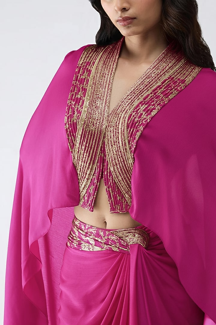 Fuchsia Satin Chiffon Draped Skirt Set by Amit Aggarwal at Pernia's Pop Up Shop