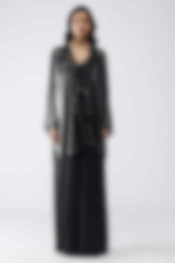 Black Satin Chiffon & Banarasi Top by Amit Aggarwal at Pernia's Pop Up Shop