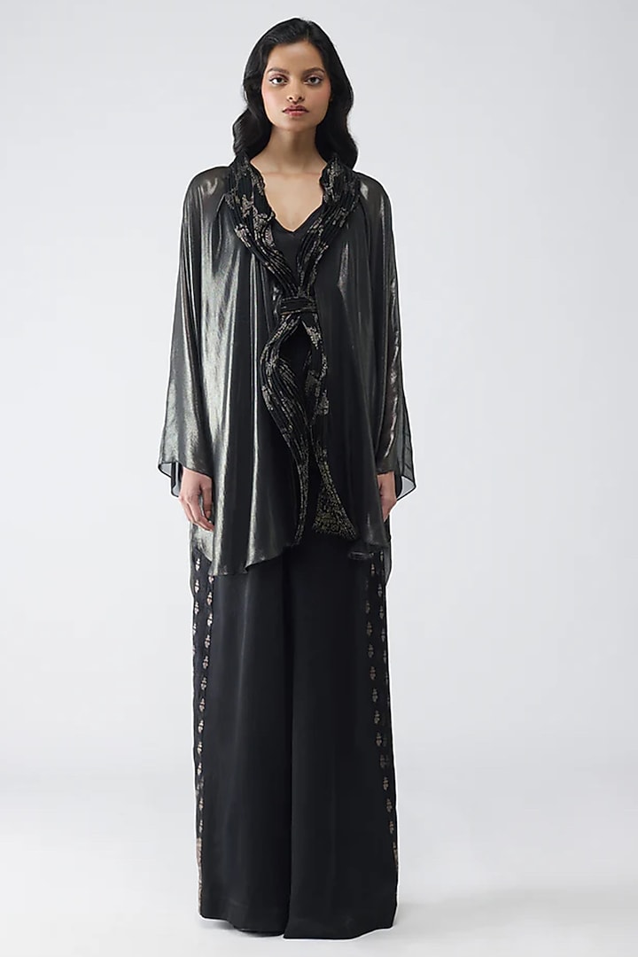 Black Satin Chiffon & Banarasi Top by Amit Aggarwal at Pernia's Pop Up Shop