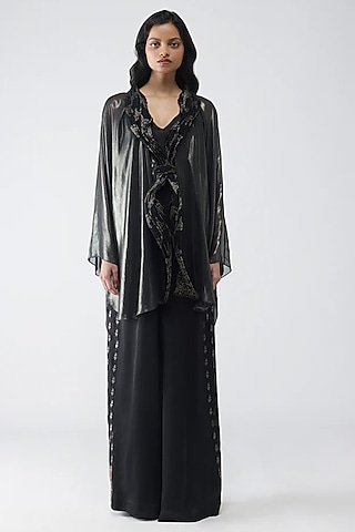 Black Satin Chiffon & Banarasi Top by Amit Aggarwal