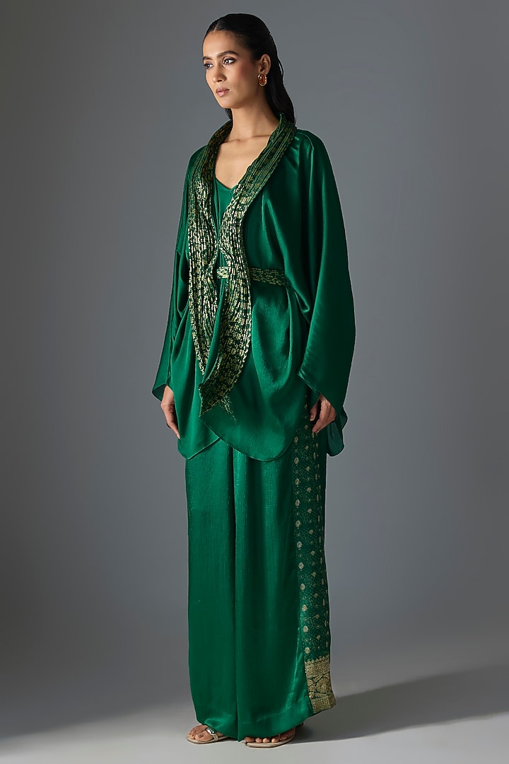 Emerald Green Satin Chiffon Cape Set by Amit Aggarwal at Pernia's Pop Up Shop