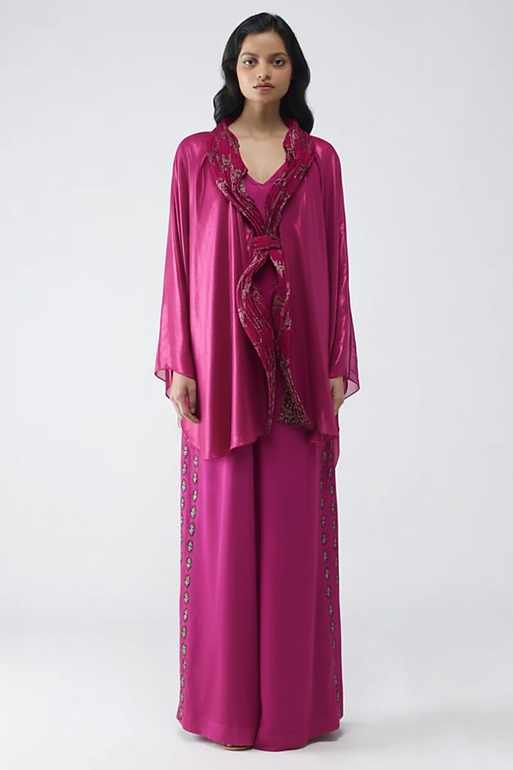 Fuchsia Satin Chiffon & Banarasi Top by Amit Aggarwal at Pernia's Pop Up Shop