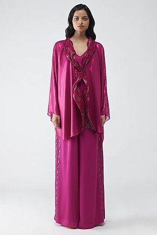 Fuchsia Satin Chiffon & Banarasi Top by Amit Aggarwal