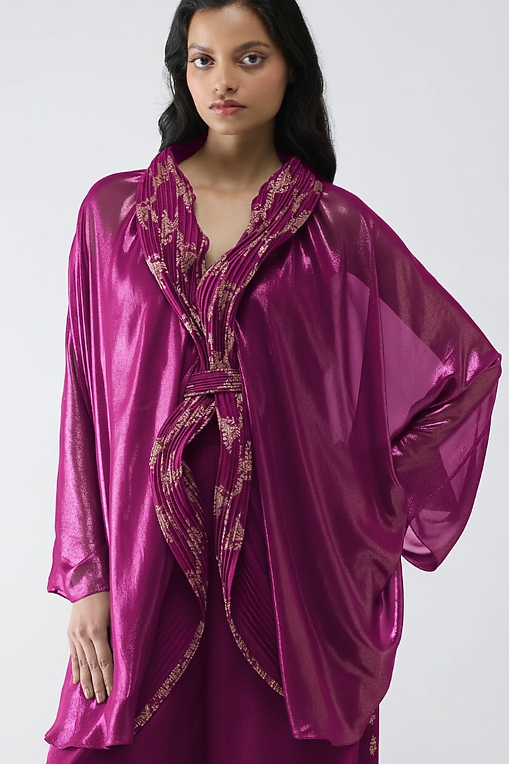 Fuchsia Satin Chiffon & Banarasi Top by Amit Aggarwal at Pernia's Pop Up Shop