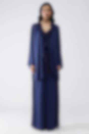 Ink Blue Satin Chiffon & Banarasi Top by Amit Aggarwal at Pernia's Pop Up Shop