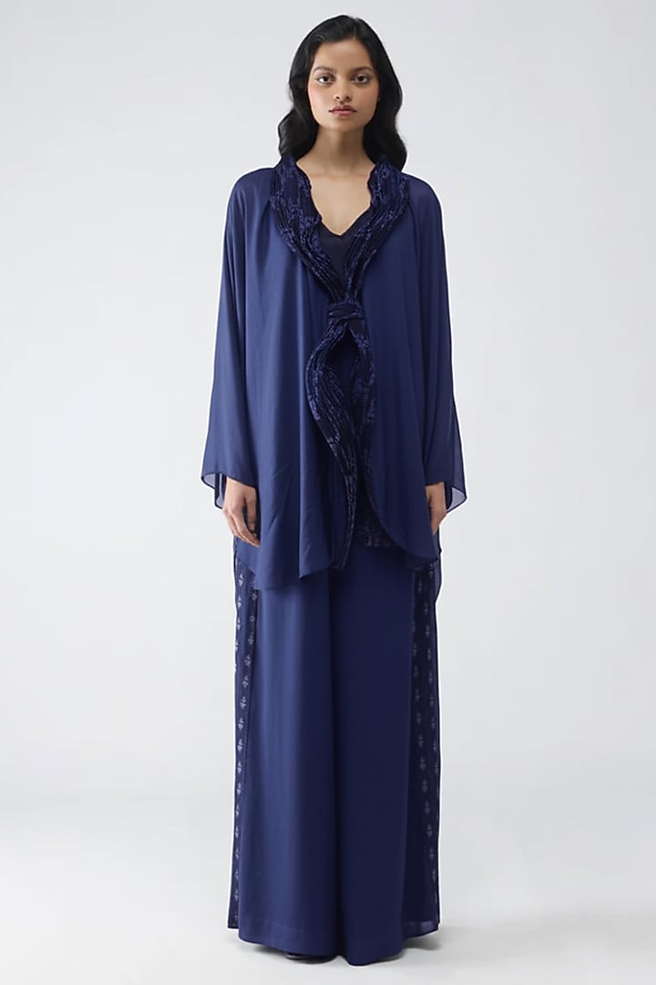 Ink Blue Satin Chiffon & Banarasi Top by Amit Aggarwal at Pernia's Pop Up Shop