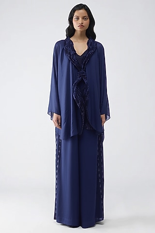 Ink Blue Satin Chiffon & Banarasi Top by Amit Aggarwal