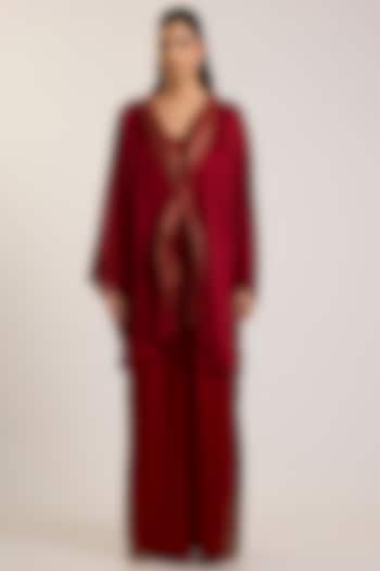 Deep Red Satin Chiffon & Banarasi Top by Amit Aggarwal at Pernia's Pop Up Shop