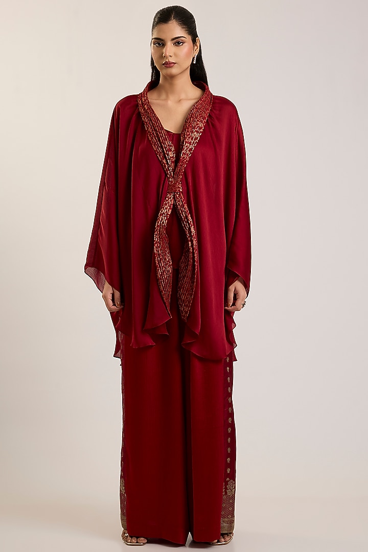 Deep Red Satin Chiffon & Banarasi Top by Amit Aggarwal at Pernia's Pop Up Shop