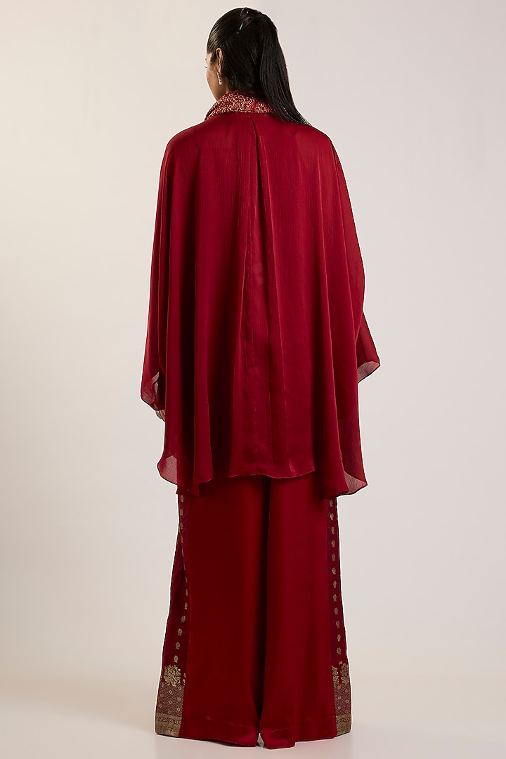 Deep Red Satin Chiffon & Banarasi Top by Amit Aggarwal at Pernia's Pop Up Shop