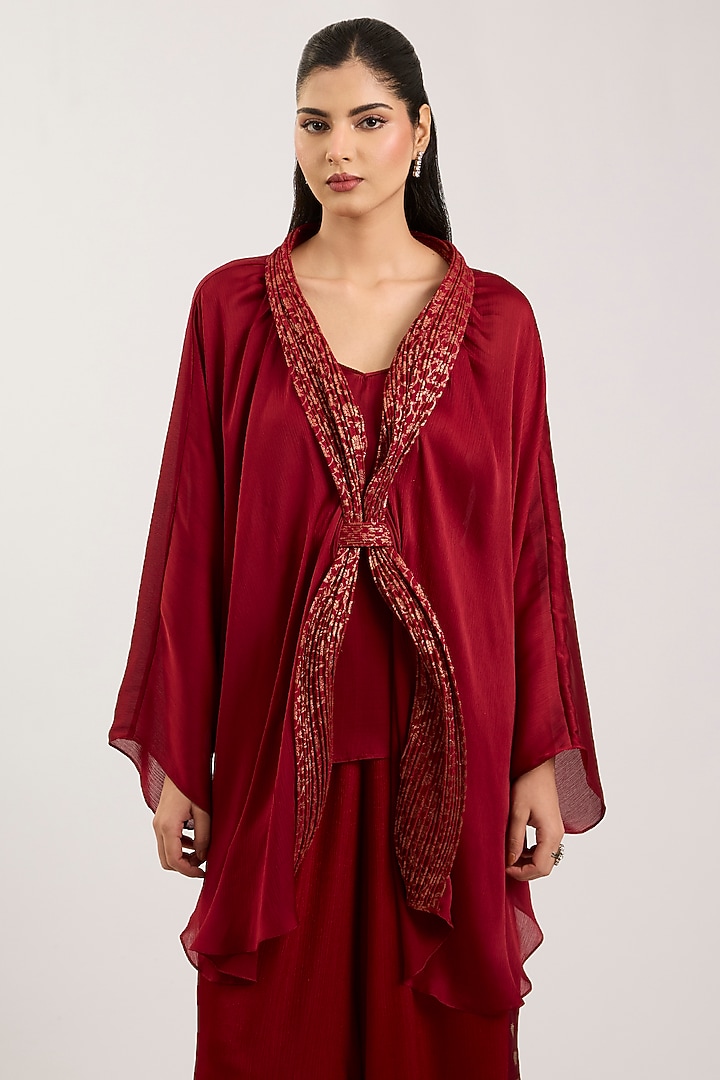 Deep Red Satin Chiffon & Banarasi Top by Amit Aggarwal at Pernia's Pop Up Shop