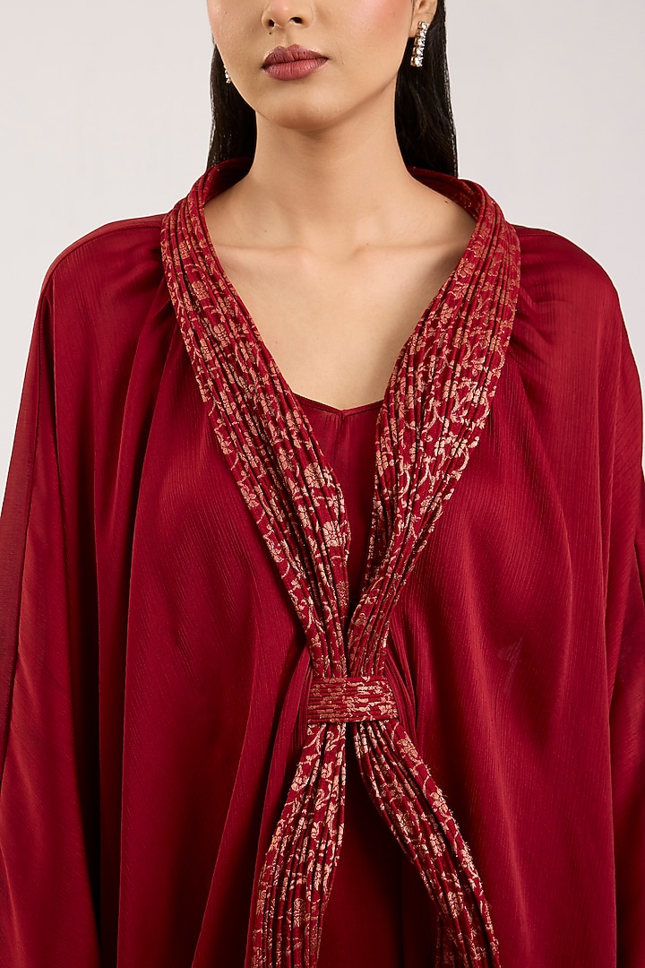 Deep Red Satin Chiffon & Banarasi Top by Amit Aggarwal at Pernia's Pop Up Shop