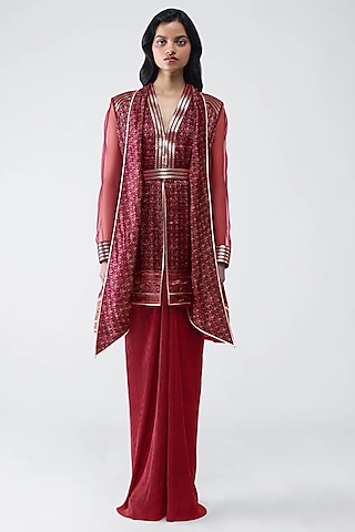 Deep Red Satin Chiffon & Banarasi Skirt Set by Amit Aggarwal