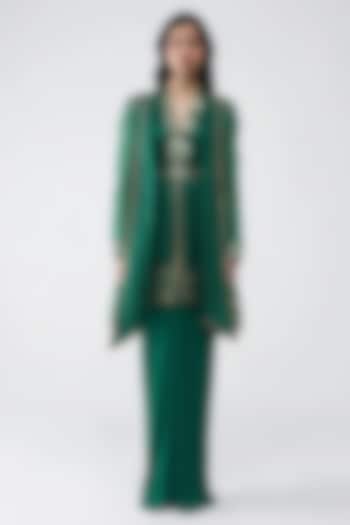 Emerald Satin Chiffon & Banarasi Cape Set by Amit Aggarwal at Pernia's Pop Up Shop