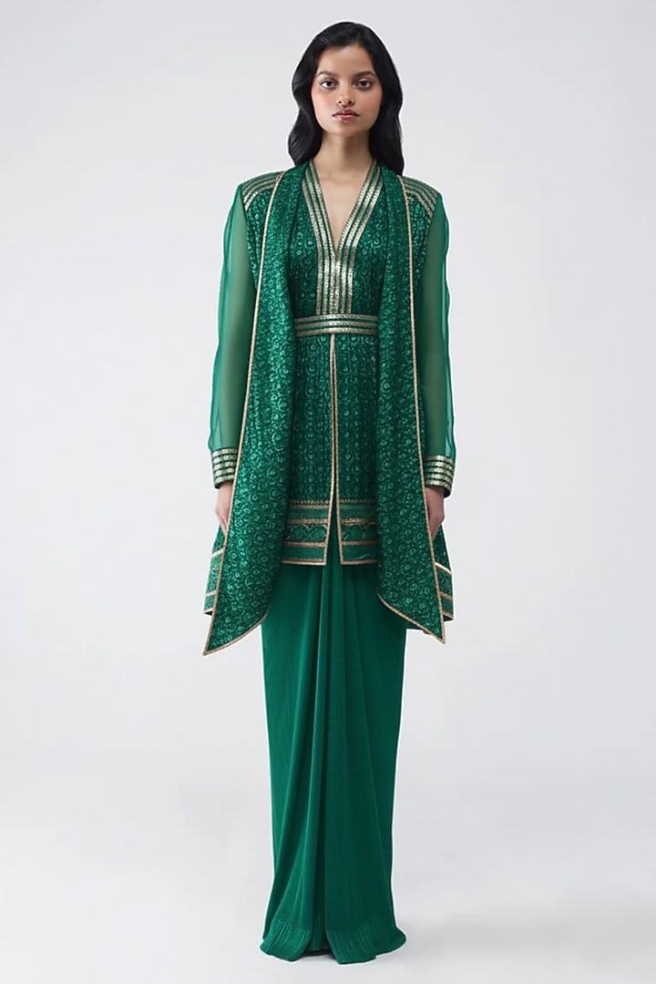 Emerald Satin Chiffon & Banarasi Cape Set by Amit Aggarwal at Pernia's Pop Up Shop