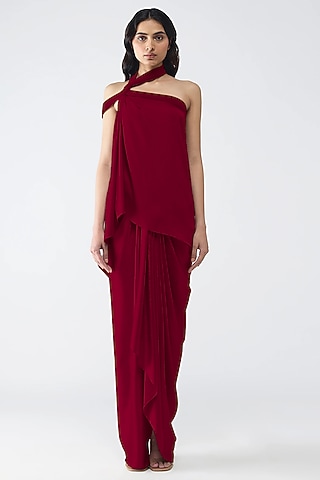 Deep Red Satin Chiffon Top by Amit Aggarwal