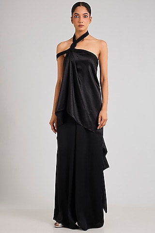 Black Satin Chiffon Top by Amit Aggarwal