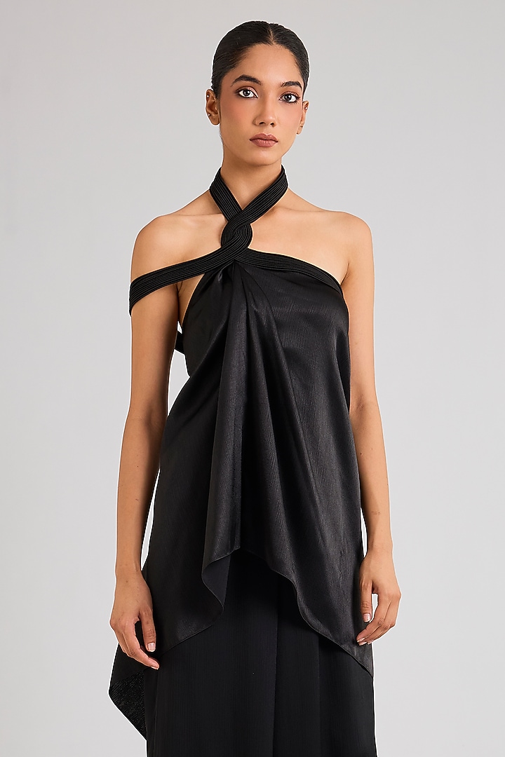 Black Satin Chiffon Top by Amit Aggarwal at Pernia's Pop Up Shop