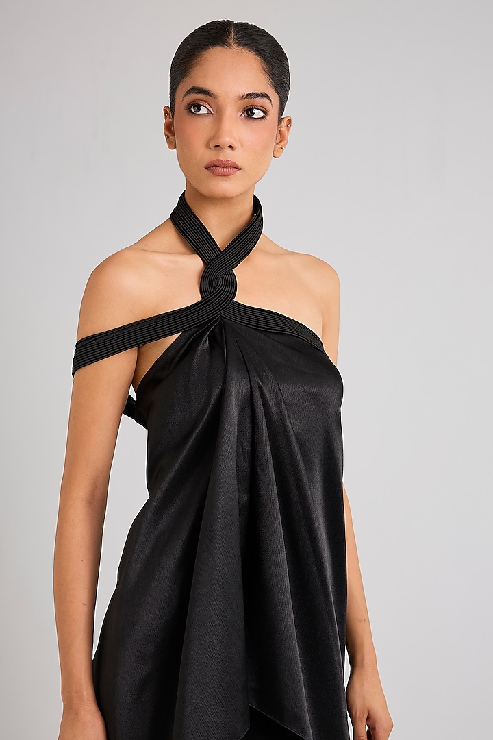Black Satin Chiffon Top by Amit Aggarwal at Pernia's Pop Up Shop