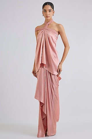 Blush Satin Chiffon Micro Pleated Halter Top by Amit Aggarwal