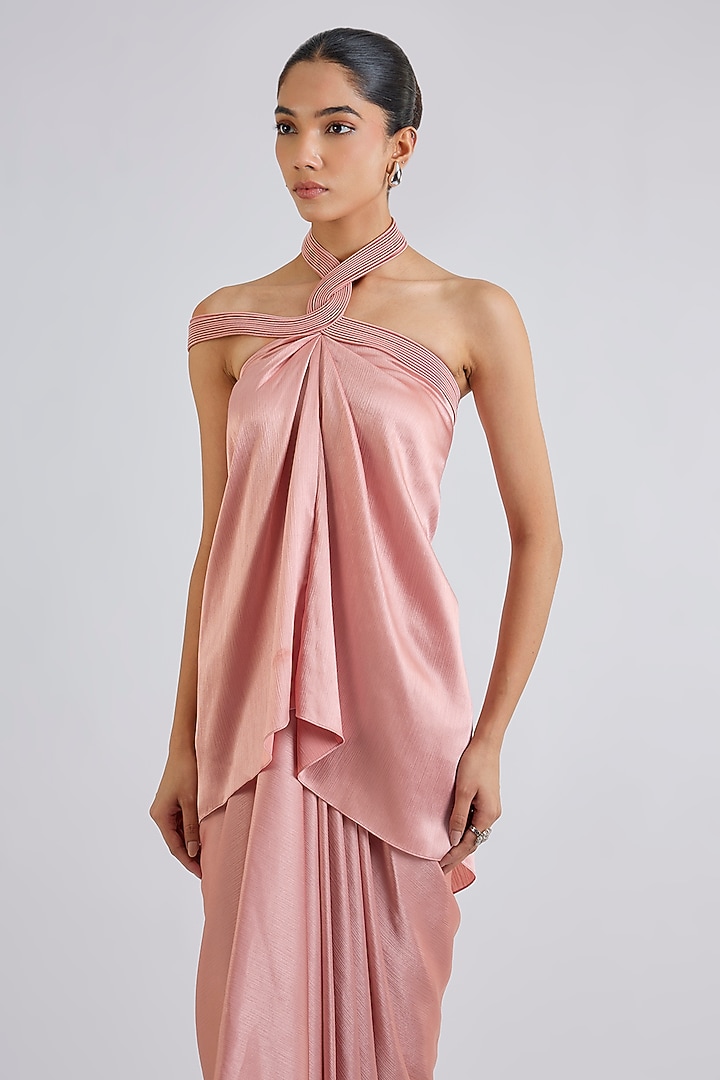 Blush Satin Chiffon Micro Pleated Halter Top by Amit Aggarwal at Pernia's Pop Up Shop